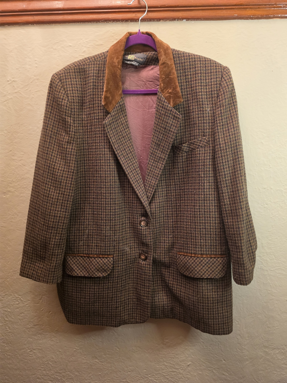 Vintage Two Roads Wool Blend Houndstooth Equestrian Blazer Suede Collar